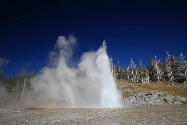 Grande geyser eruttando sullo sfondo del cielo blu, Yellowstone NP , — Foto Stock