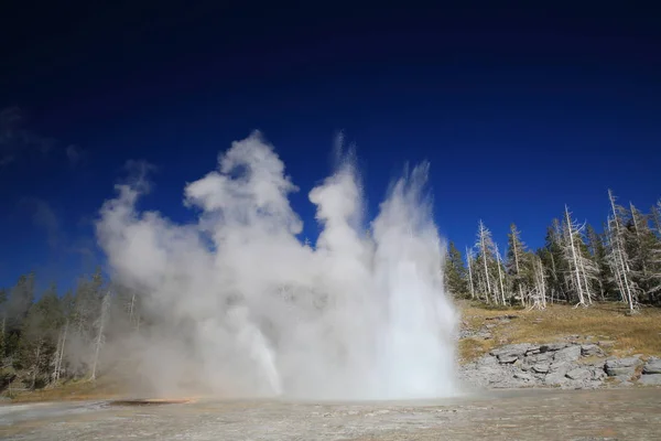 Grande geyser eruttando sullo sfondo del cielo blu, Yellowstone NP , — Foto Stock