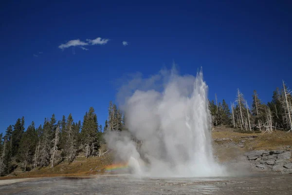 Wielki gejzer erupcji na tle błękitnego nieba, Yellowstone Np, — Zdjęcie stockowe