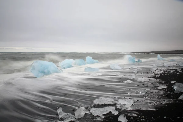 Glacier Ice Chunks Black Beach Jokulsarlon Stock Image