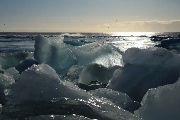 Ledovcové Kusy Ledu Černé Pláži Jokulsarlon Island — Stock fotografie