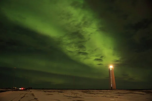 Gardskagi Keflavik Zlanda Daki Deniz Fenerinin Üstündeki Aurora — Stok fotoğraf