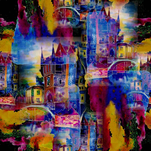 Watercolor old town with colorful stream watercolor seamless pattern on a black background. — Stock Photo, Image