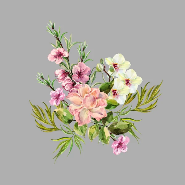 Acquerello Primavera bouquet fiori su sfondo grigio . — Foto Stock