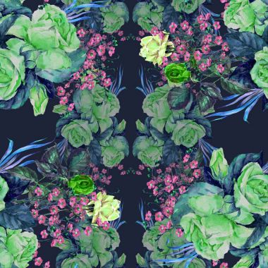 Suluboya buket gül ve koyu mavi arka plan seamless modeli üzerinde mavi kır çiçekleri.