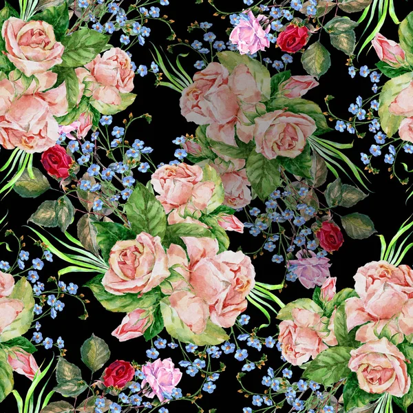 Akwarela bukiet róż i niebieski kwiaty na czarnym tle jednolity wzór. — Zdjęcie stockowe