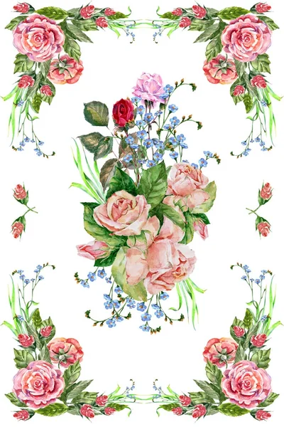 Watercolor Bouquet roses and Blue wildflowers on a white background  panel. — Stock Photo, Image