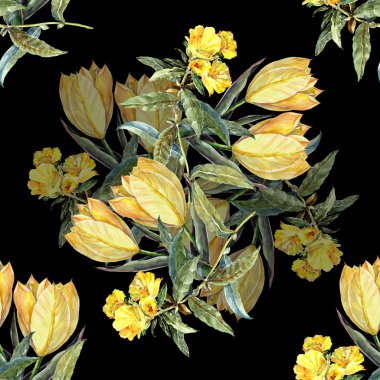 Dikişsiz desen siyah bir zemin üzerine suluboya Sarı laleler.