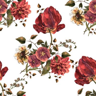 Lale beyaz zemin üzerine suluboya buket çiçekler. Çiçek seamless modeli.