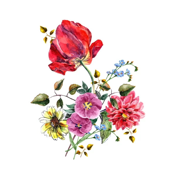Акварельный Букет Цветов Тюльпаном Белом Фоне Цветочный Узор — стоковое фото
