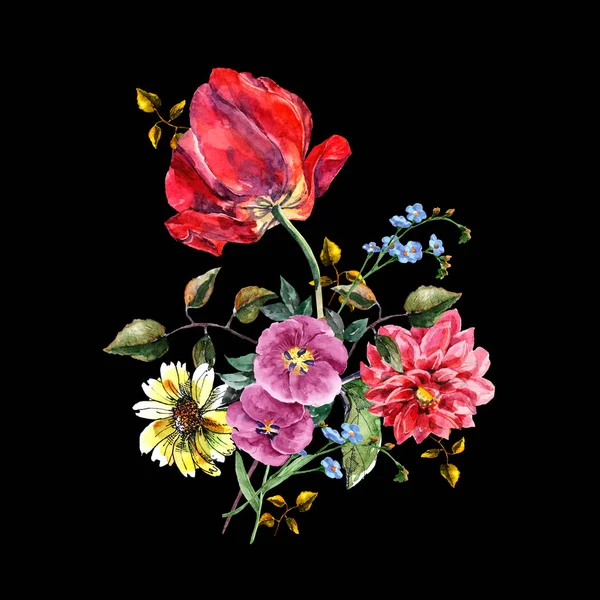 Акварельный Букет Цветов Тюльпаном Черном Фоне Цветочный Узор — стоковое фото
