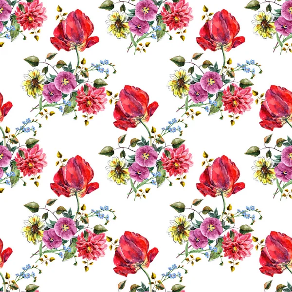 Watercolor Small Bouquet Flowers Tulip White Background Floral Seamless Pattern — Stock Photo, Image