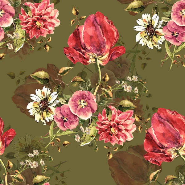 Akwarela Bukiet Kwiatów Tulipanów Tle Oliwkowy Kwiatowy Wzór — Zdjęcie stockowe