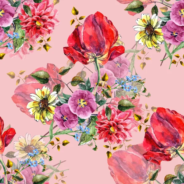 水彩花束花与郁金香在粉红色背景 花卉无缝花纹 — 图库照片