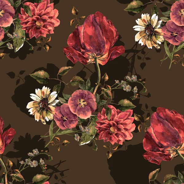 水彩花束与郁金香在褐色背景 花卉无缝花纹 — 图库照片
