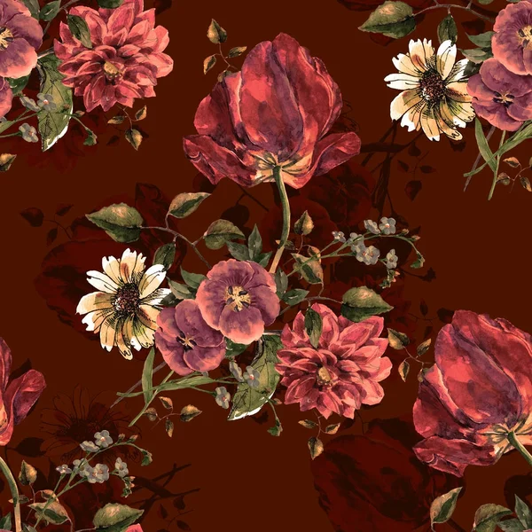 Watercolor Bouquet flowers with tulip on a burgundy background. Floral seamless pattern.