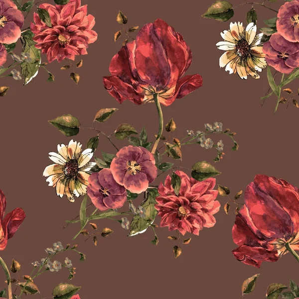 Suluboya buket çiçek Lale ışık Erik arka plan ile. Çiçek seamless modeli.