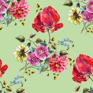 Açık yeşil arka planı üzerinde Lale ile buket çiçek. Çiçek seamless modeli.