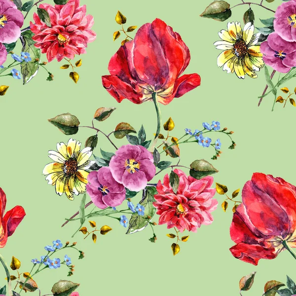 Μπουκέτο Λουλούδια Τουλιπών Ανοιχτό Πράσινο Φόντο Φλοράλ Άνευ Ραφής — Φωτογραφία Αρχείου