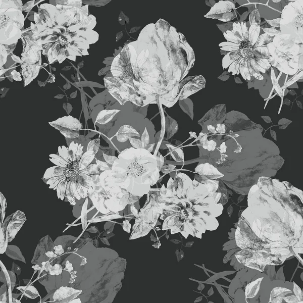 Fekete Fehér Csokor Virágot Tulipán Fekete Háttér Varrat Nélküli Virágmintás — Stock Fotó