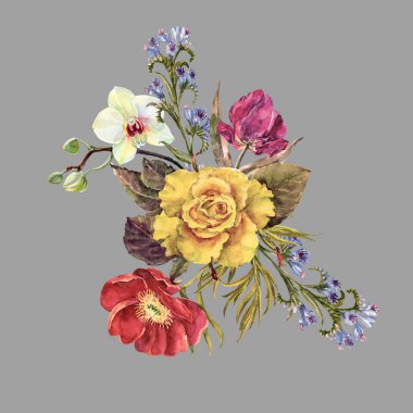Suluboya buket gri bir arka plan üzerinde farklı çiçekler ile. Güzel çiçekler öğesi tasarım için.