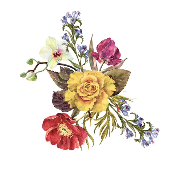 Akvarell Bukett Med Olika Blommor Vit Bakgrund Vackra Blommor Element — Stockfoto