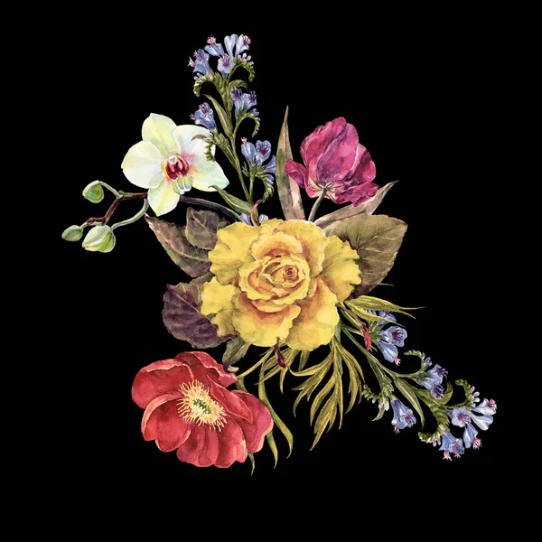 Suluboya buket farklı çiçekler siyah bir arka plan ile. Güzel çiçekler öğesi tasarım için.