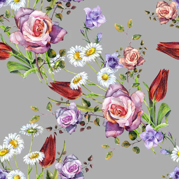 Aquarel Delicate Bloemen Boeket Naadloze Bloemmotief Een Grijze Achtergrond Prachtige — Stockfoto