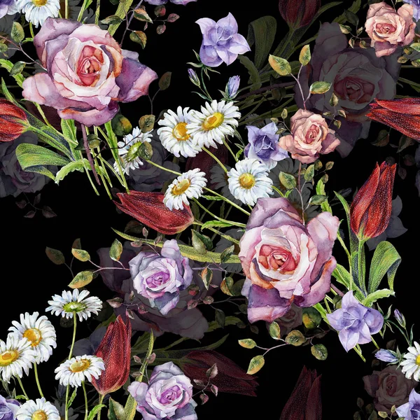 水彩の繊細な花の花束 黒い背景にシームレス花柄装飾とデザインの美しい手のパターン — ストック写真