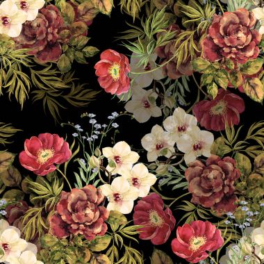 Suluboya şık buket. Siyah bir arka plan üzerinde çiçekler. Çiçek seamless modeli.