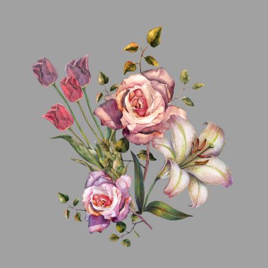Gri bir arka plan üzerine suluboya güzel buket çiçek. Lily ve gül illüstrasyon. Baskı ve tasarım öğeleri. 