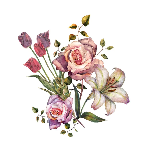 Akwarela Bukiet Pięknych Kwiatów Szarym Tle Lily Róża Ilustracja Elementy — Zdjęcie stockowe