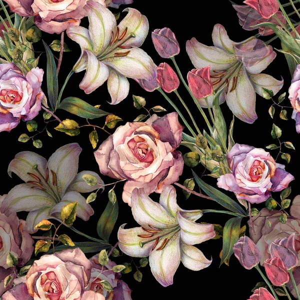 Ακουαρέλα Όμορφο Μπουκέτο Λουλούδια Μαύρο Φόντο Κρίνο Και Τριαντάφυλλο Μια — Φωτογραφία Αρχείου
