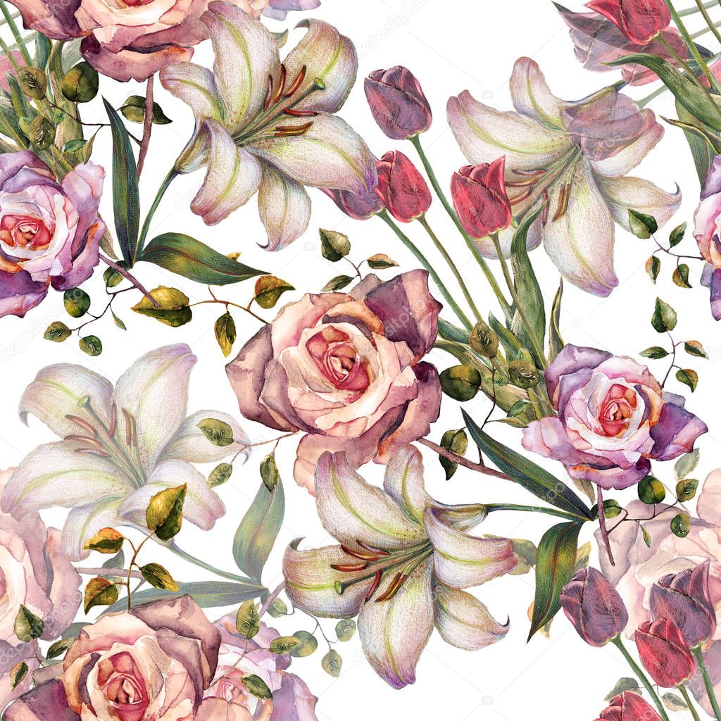 Watercolor beautiful bouquet flowers on a white background. Lily and rose in a seamless pattern. Beautiful vintage floral pattern for wallpaper and fabric.