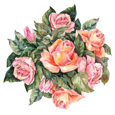 Suluboya buket pembe güller. Dekorasyon ve tasarım için güzel desen.