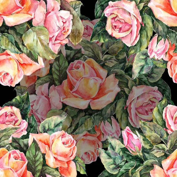 Акварельный Букет Розовых Роз Цветочный Бесшовный Рисунок Черном Фоне — стоковое фото