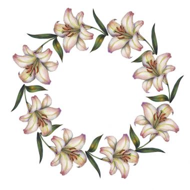 Suluboya Lily. Çiçek çelenk çizimi.