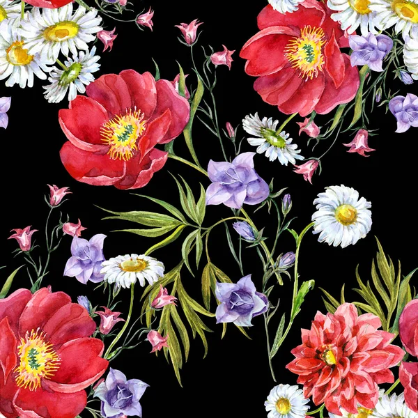 Fiori Bouquet Acquerello Fantasia Floreale Senza Cuciture Sfondo Bianco Diversi — Foto Stock