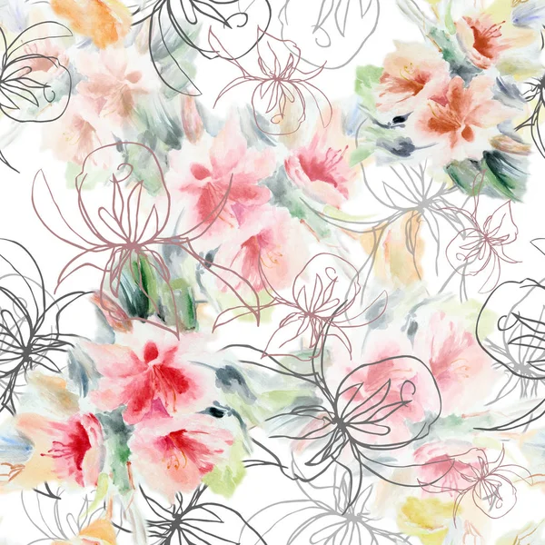 Suluboya ile grafik gül gül. Beyaz bir arka plan üzerinde farklı çiçekler. Çiçek Dikişsiz desen tasarımı için.