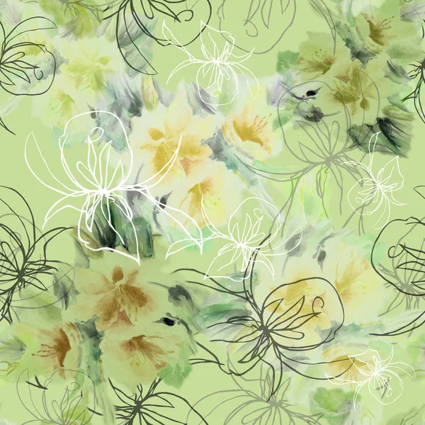 Aquarell Rose Mit Grafischer Rose Verschiedene Blumen Auf Chartreuse Hintergrund — Stockfoto