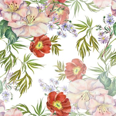 Buket bahar çiçekleri. Beyaz bir arka plan üzerinde çiçek seamless modeli.