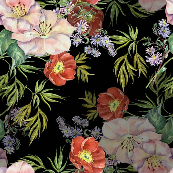 Buket Bahar Çiçekleri Siyah Zemin Çiçek Seamless Modeli — Stok fotoğraf