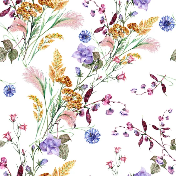 Krásný Květinový Vzor Bezešvé Květiny Akvarelem Pole Květy Bílém Pozadí — Stock fotografie