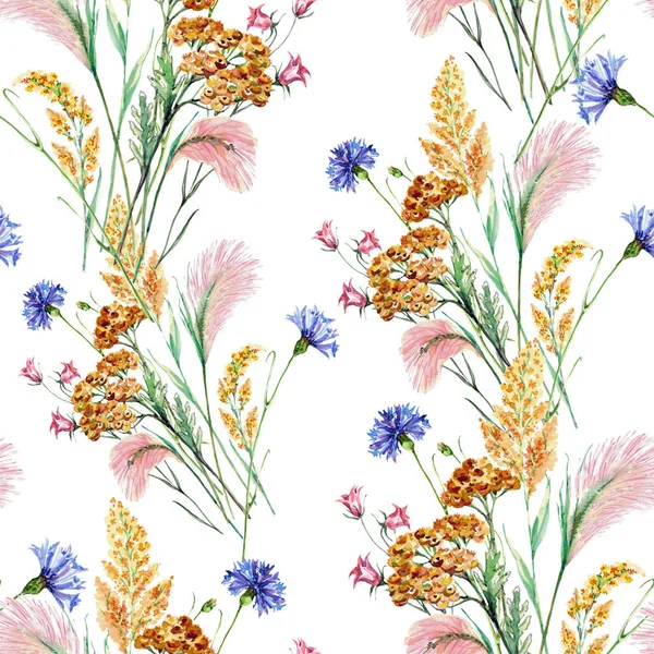 Akvarell Virágok Réten Varrat Nélküli Virágmintás — Stock Fotó