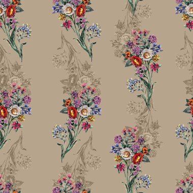 Grafik buket çiçegi. Çiçek illüstrasyon kahverengi-gri arka plan üzerinde.