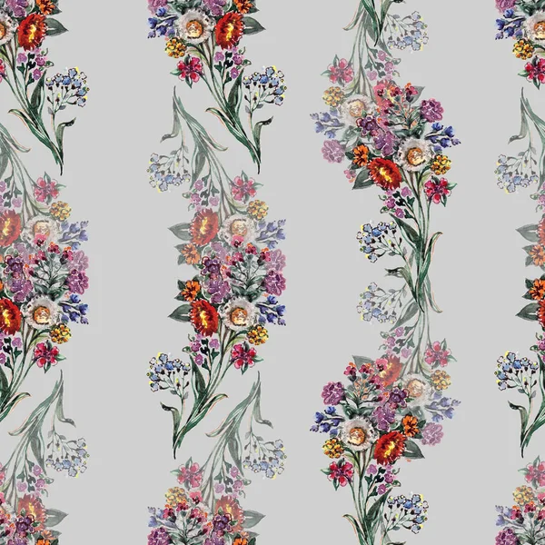 Graphic Bouquet Wild Flowers Floral Seamless Pattern Gray Background — Stock Photo, Image