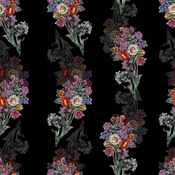 Графічний Букет Диких Квітів Квітковий Безшовний Візерунок Чорному Тлі — стокове фото