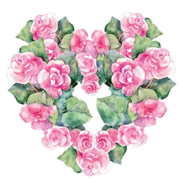 Begonia Wreath Watercolor Illustration Heart Design — Stock Photo, Image