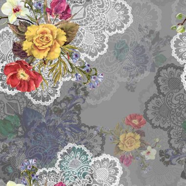 Peçeteye suluboya buket çiçek. El işi Dikişsiz desen gri bir arka plan üzerinde.