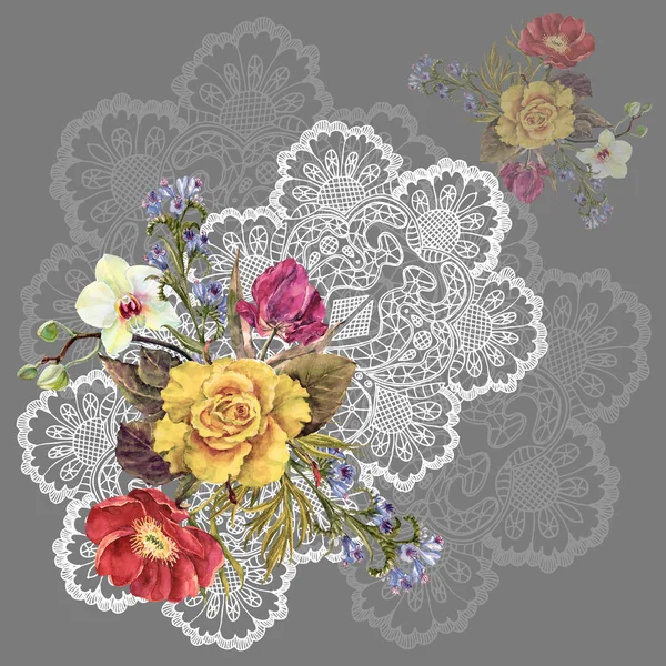 水彩花束花在餐巾上 在灰色背景上的手工插图 — 图库照片